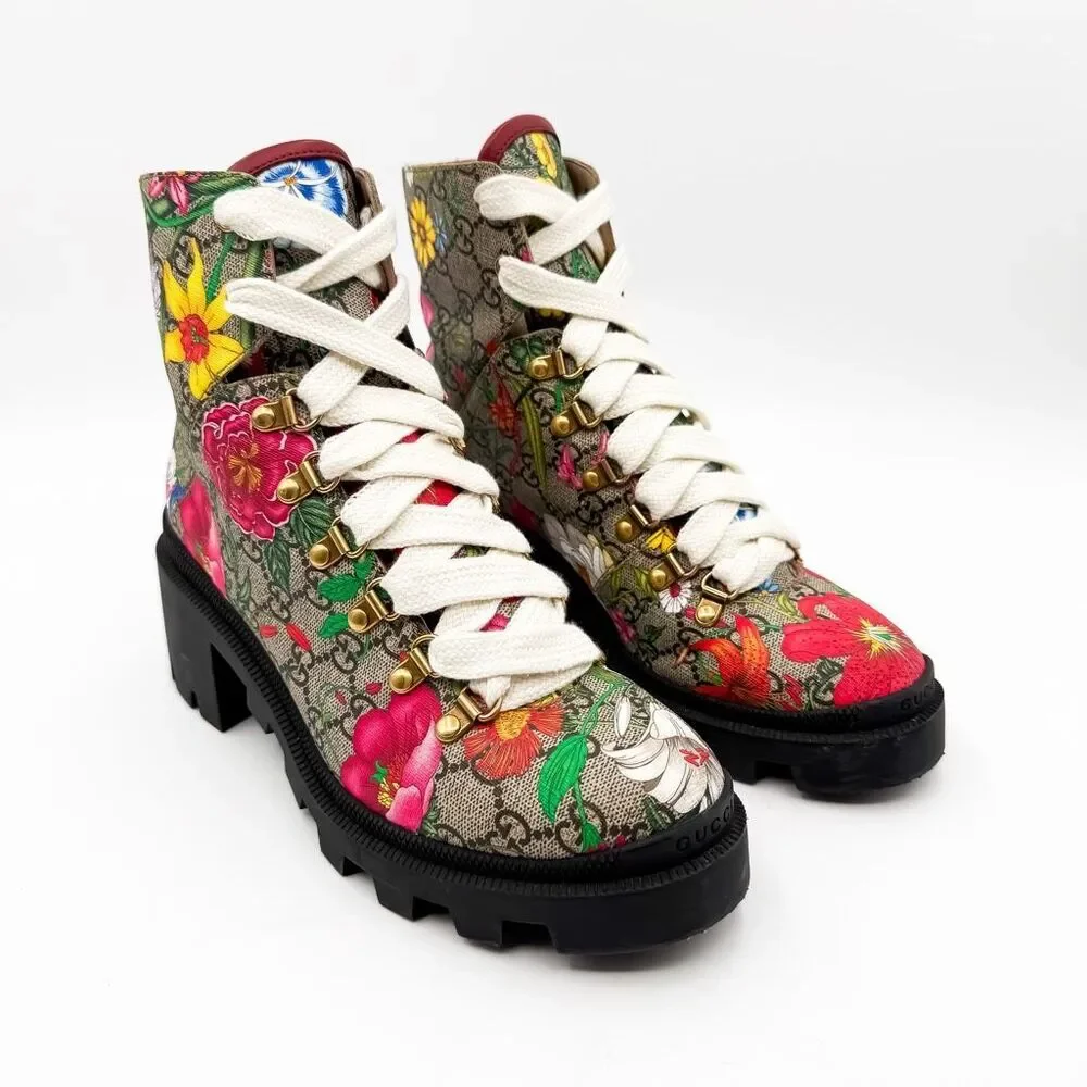 Gucci GG Monogram Supreme Floral Lace Up Combat Boot EU 39 US 9 - Picture 2 of 12